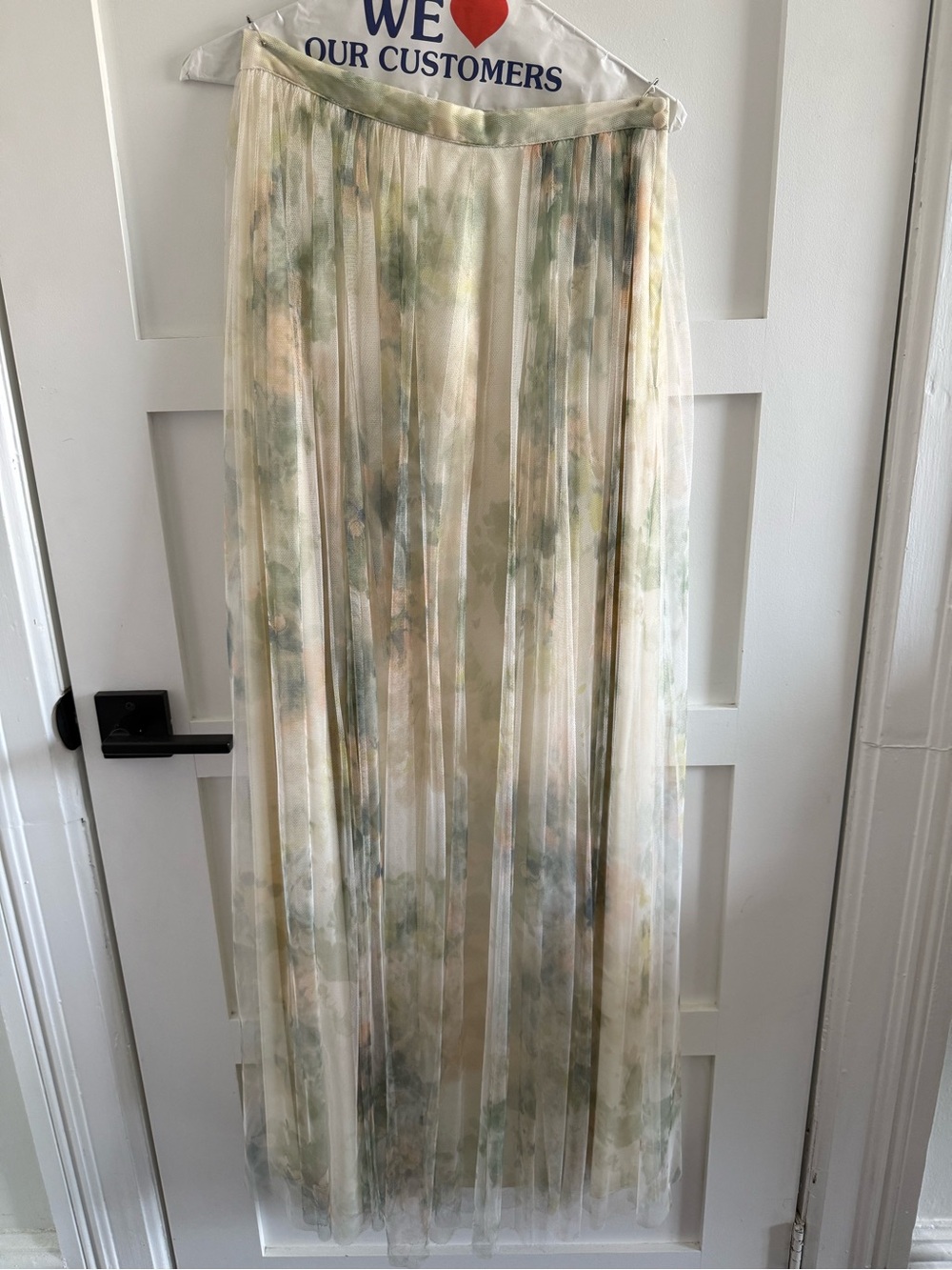 Jenny Yoo Watercolor Pleated Maxi Skirt in Sage and Cream